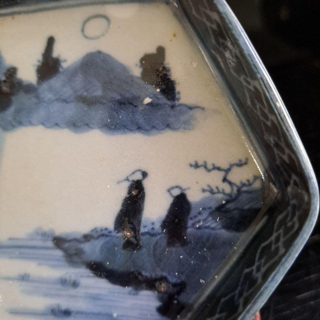 江戸初期　呉須　六角型　　豆皿　超極上　山水人物 月夜のウサギ図　１客　完品に近