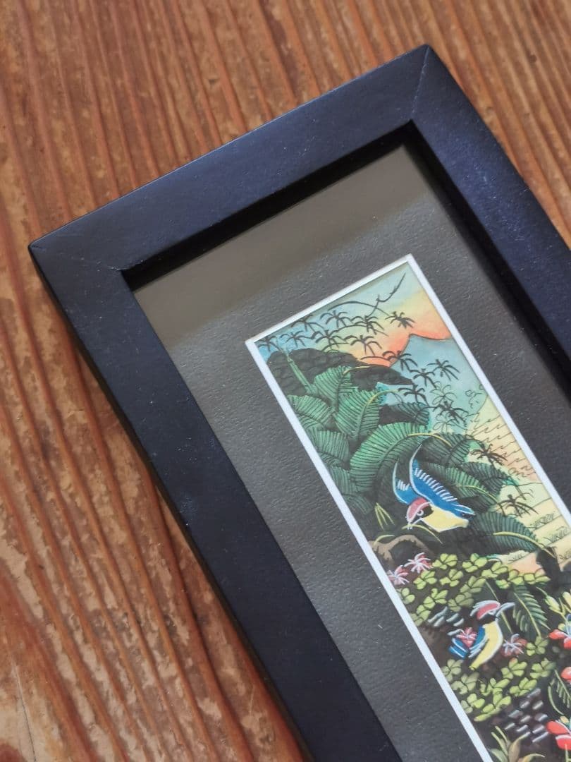 インドネシアバリ島アート 田園と亜熱帯の鳥と花 細密手描き風景画