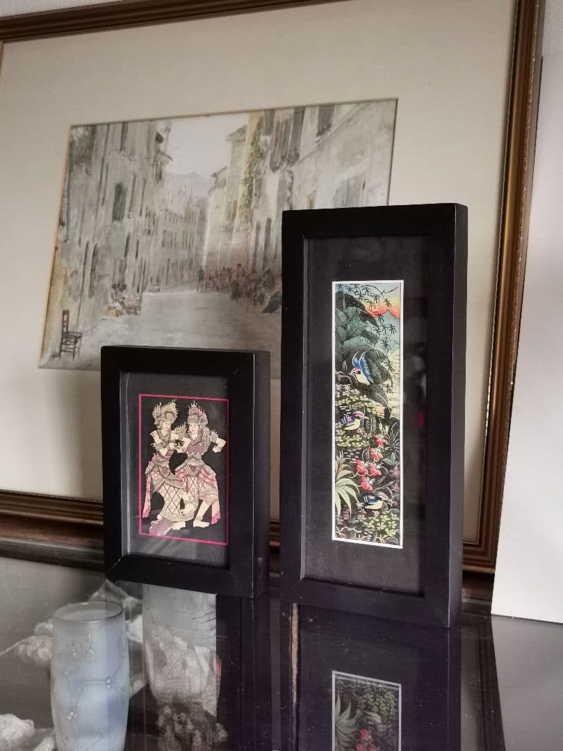 インドネシアバリ島アート 田園と亜熱帯の鳥と花 細密手描き風景画