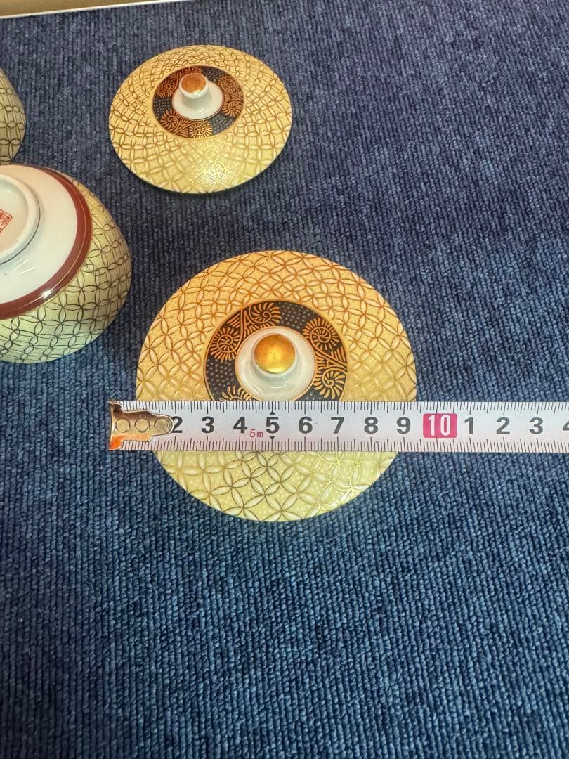 1747 九谷焼 金七宝 湯呑蓋付 5客 金彩 未使用