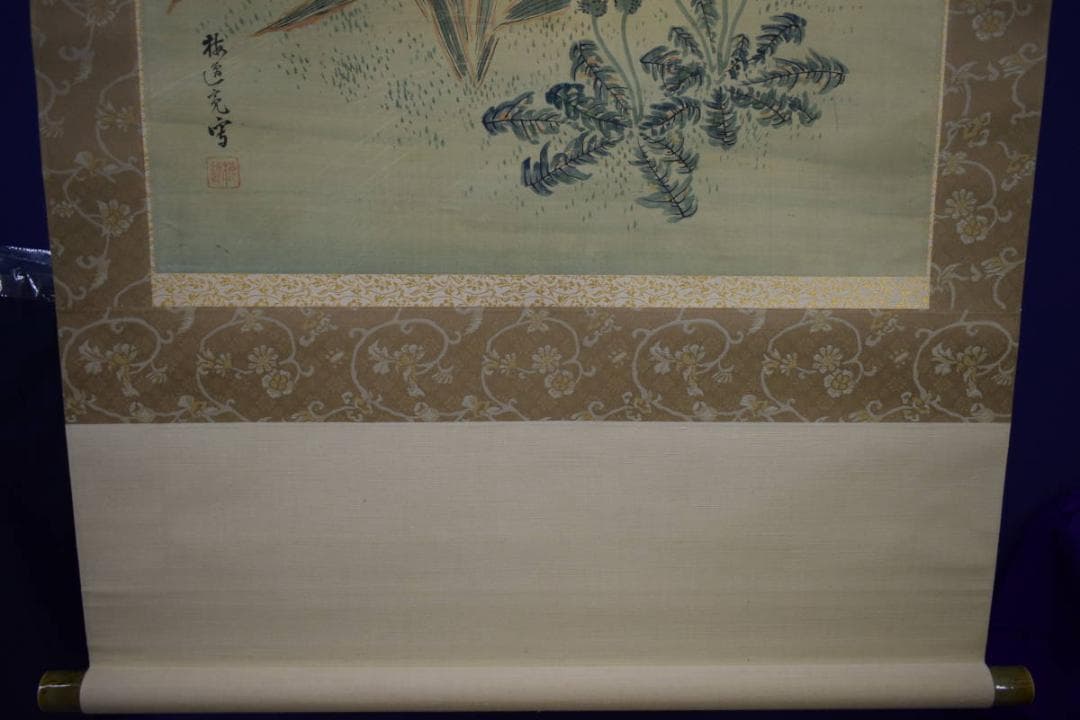 真作/山本梅逸/四季草花小禽図/桐太巻箱付/布袋屋掛軸HH-861