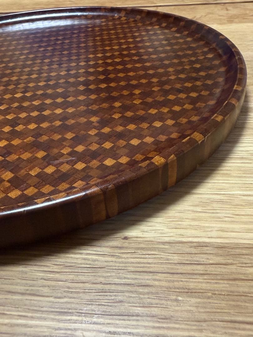 箱根細工 丸盆 市松模様 天然木 31センチ