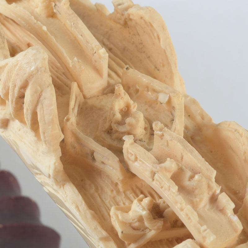 中国 河馬牙製 楼閣山水透かし雕 床飾 置物 唐木台付 V 9341