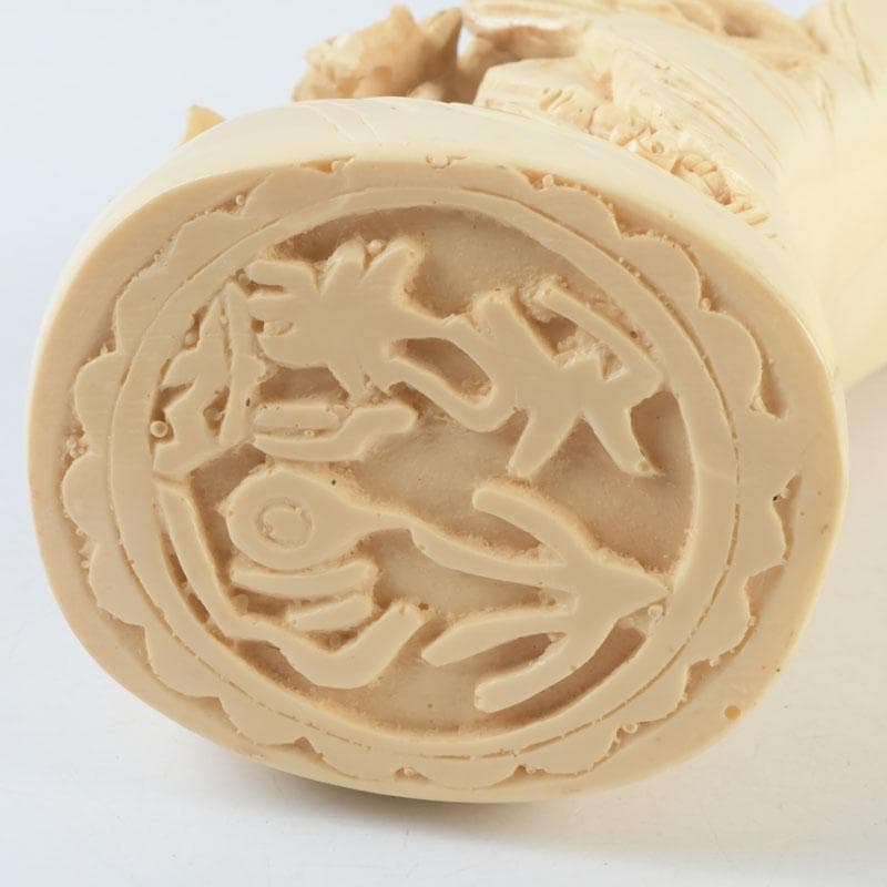 中国 河馬牙製 楼閣山水透かし雕 床飾 置物 唐木台付 V 9341