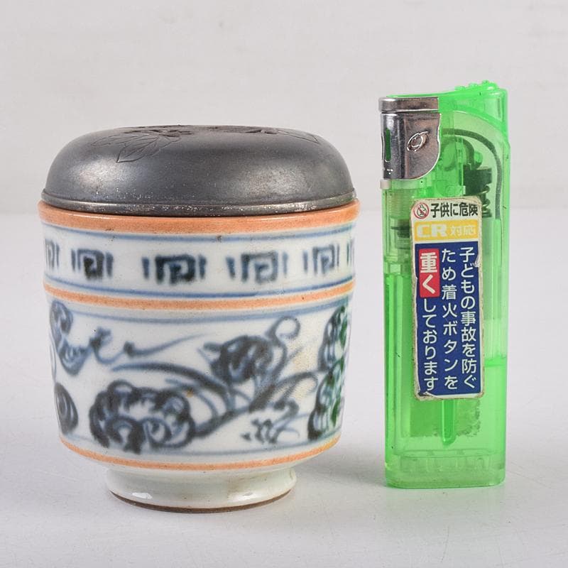 茶道具　京焼　滝口加全作　染付山水文　香炉　透かし火屋付　M　R8878