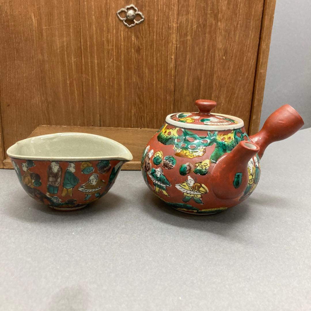 茶道具 煎茶揃 急須 蓋カラクリ、茶入、茶碗3、鉢、盆 旅箪笥 共箱 S70ST