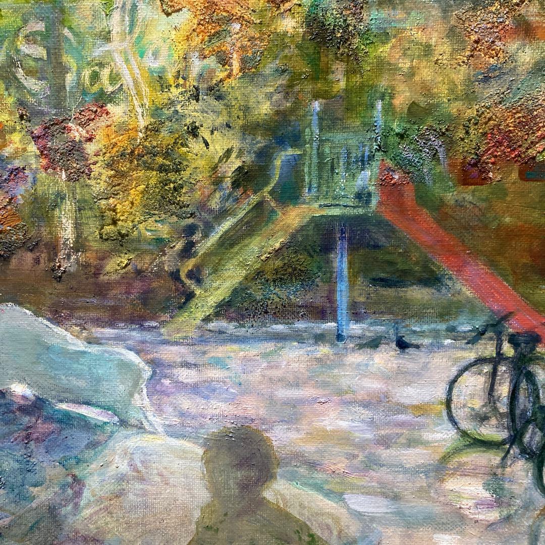 油絵 F30号 絵画 印象画 肉筆 油画 木漏れ日 広場 こどもたち キャンバス