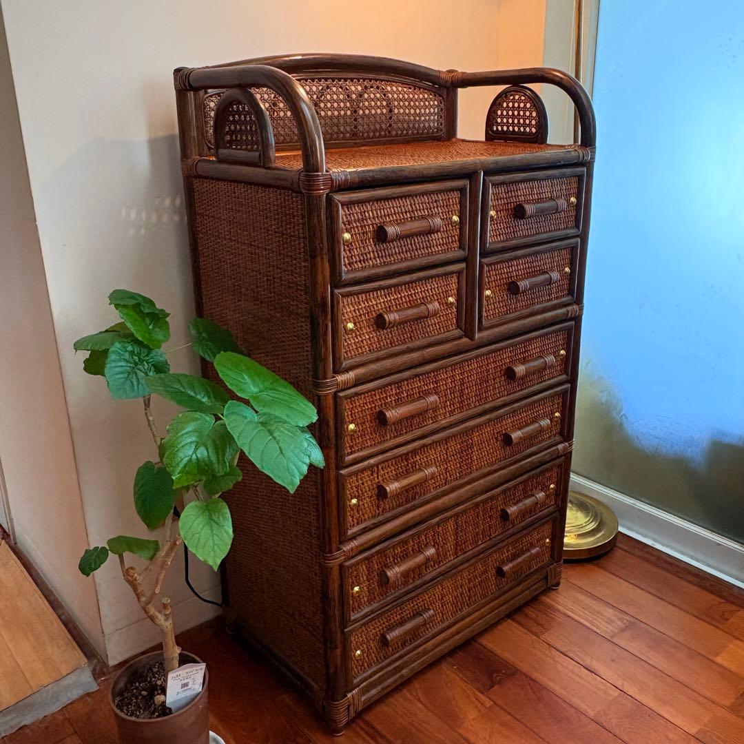 ラタン チェスト 8杯引き出し ヴィンテージ 籐家具 真鍮鋲付き バンブー