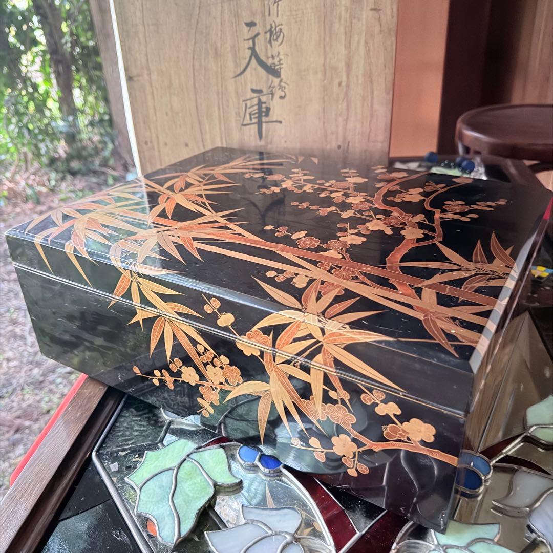 新春特別価格 ‼️JAPAN蒔絵天然木本漆 竹梅蒔絵　文箱料紙箱桐箱黄布付1客