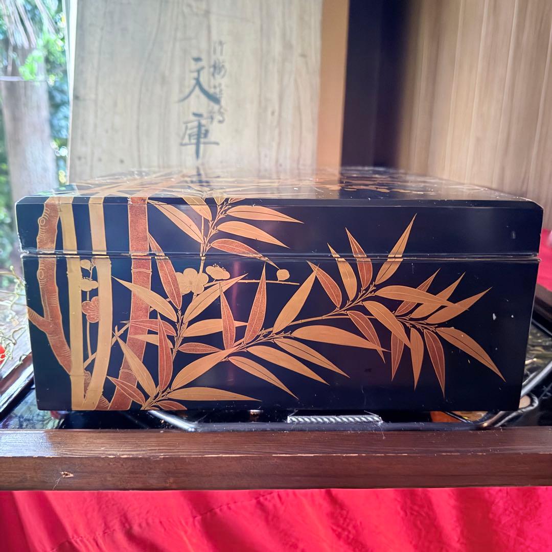 新春特別価格 ‼️JAPAN蒔絵天然木本漆 竹梅蒔絵　文箱料紙箱桐箱黄布付1客