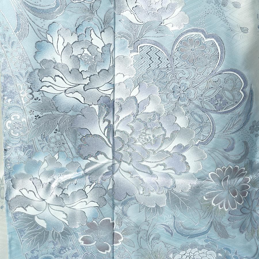 専用 ご予約 振袖 未仕立て 仮絵羽 アイスブルー 牡丹 桜 熨斗目 銀彩