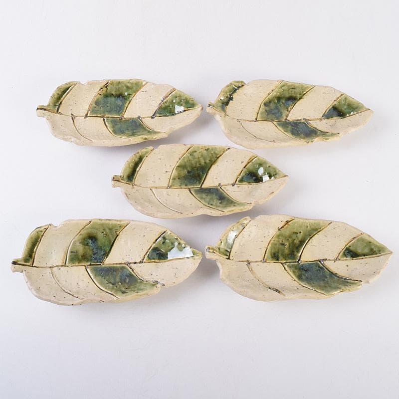 北大路魯山人作 織部焼 木之葉皿 五客 共箱 U R8974