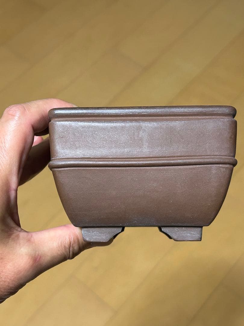 【盆栽鉢】 中国鉢 落款印あり 紫砂 胴紐正方鉢