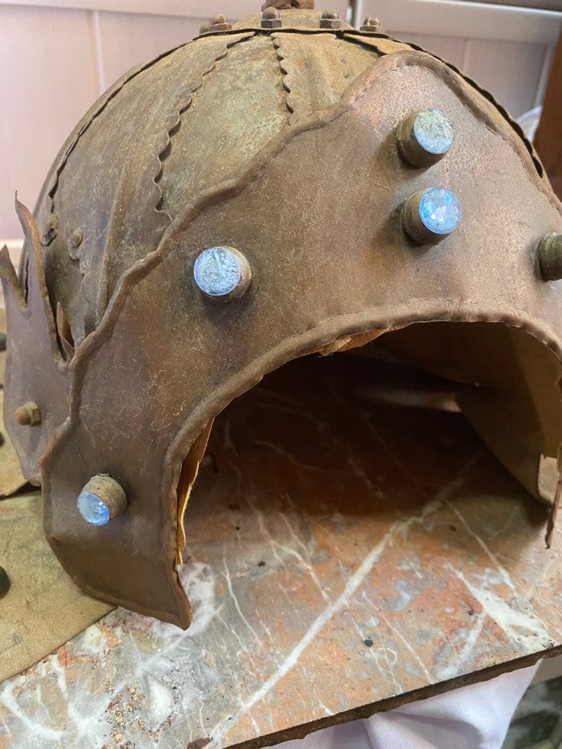 超希少♦️中国武具♦️中国歴史 アンティーク兜♦️獅子形金具♦️鳳羽兜♦️青色装飾♦️送料込