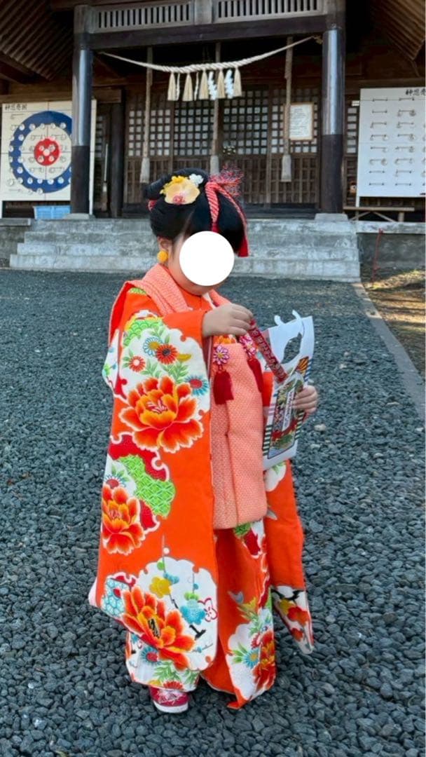七五三　3歳で使用　オレンジ花柄着物•髪飾りセット