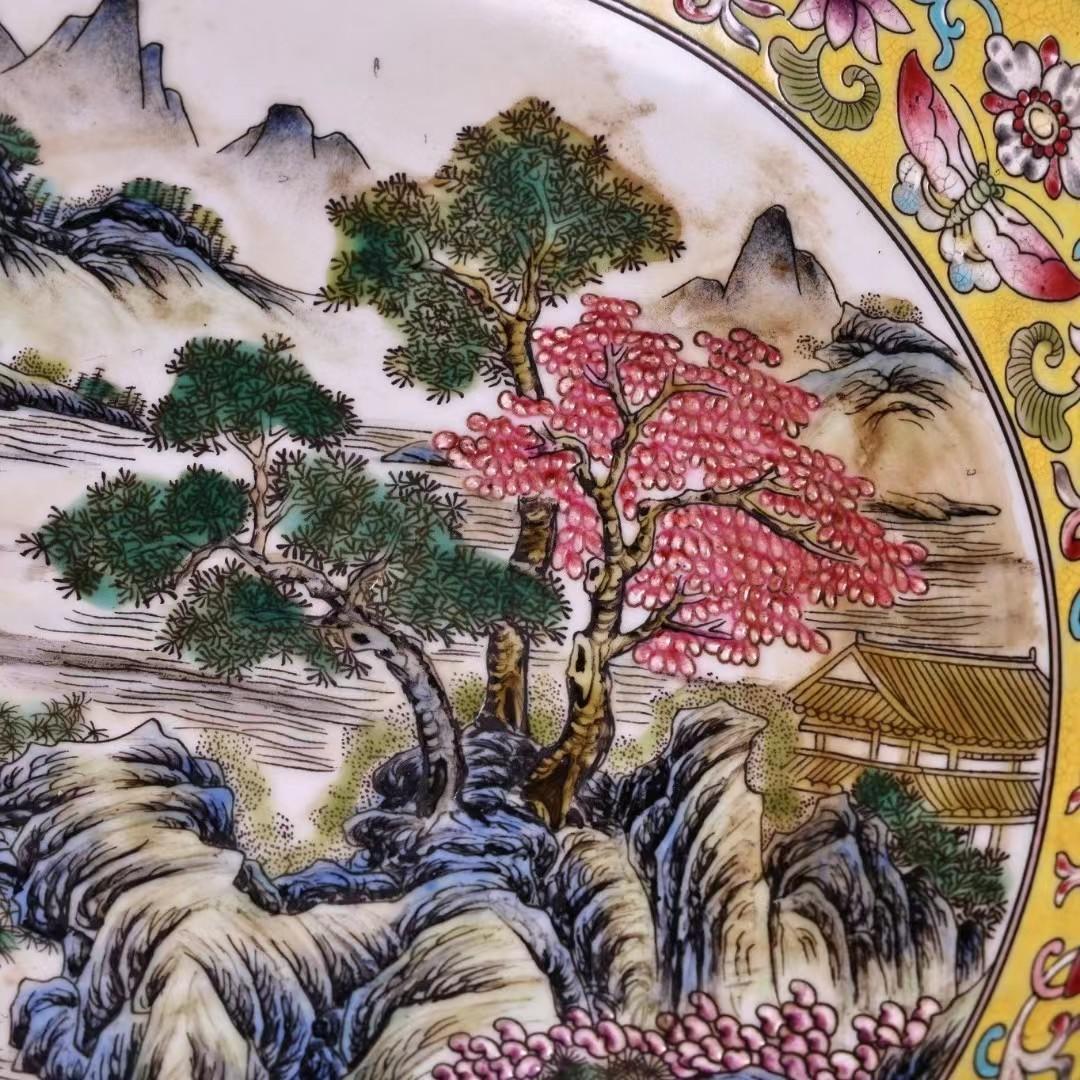 中国古美術・珍蔵粉彩・陶磁器の中皿・風景絵・置物・純手描き・刺繍