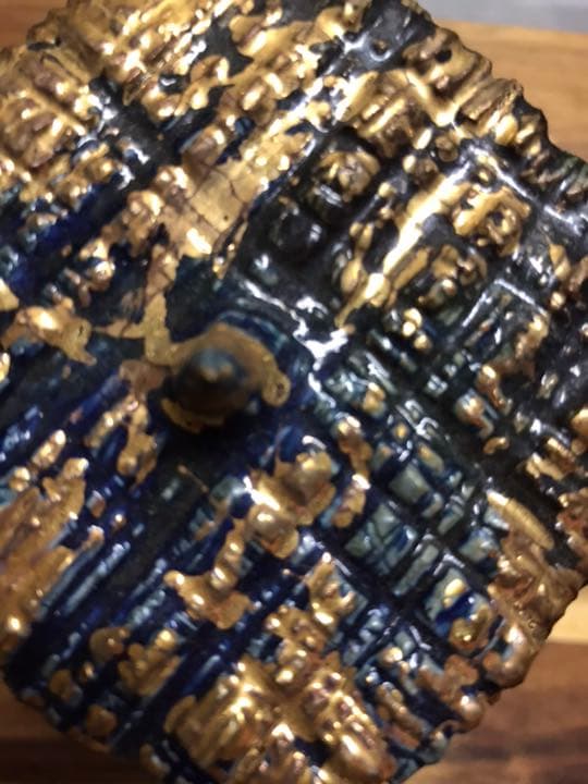 韓国インスドン女流作家蝋燭立 釉薬コバルトと24金箔 前衛陶芸 銘銘有