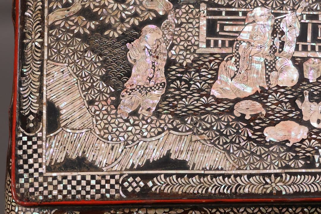 【MA732】時代 中国美術 人物文 螺鈿細工 二段卓 花台 木製 香炉台