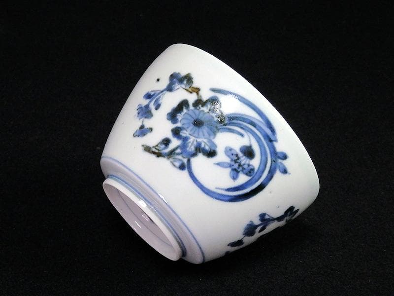 古伊万里藍九谷菊に蘭の図大振蕎麦猪口江戸中期C552AS-BKc