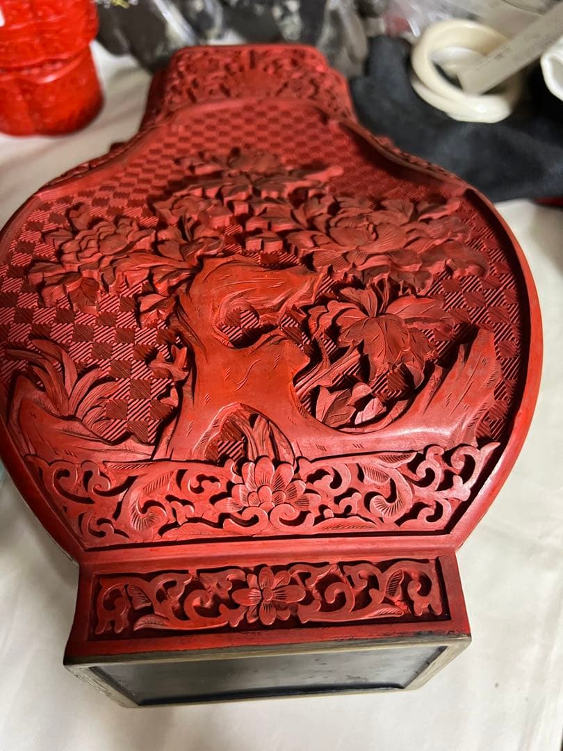 雕漆花瓶 堆朱 中国古美術