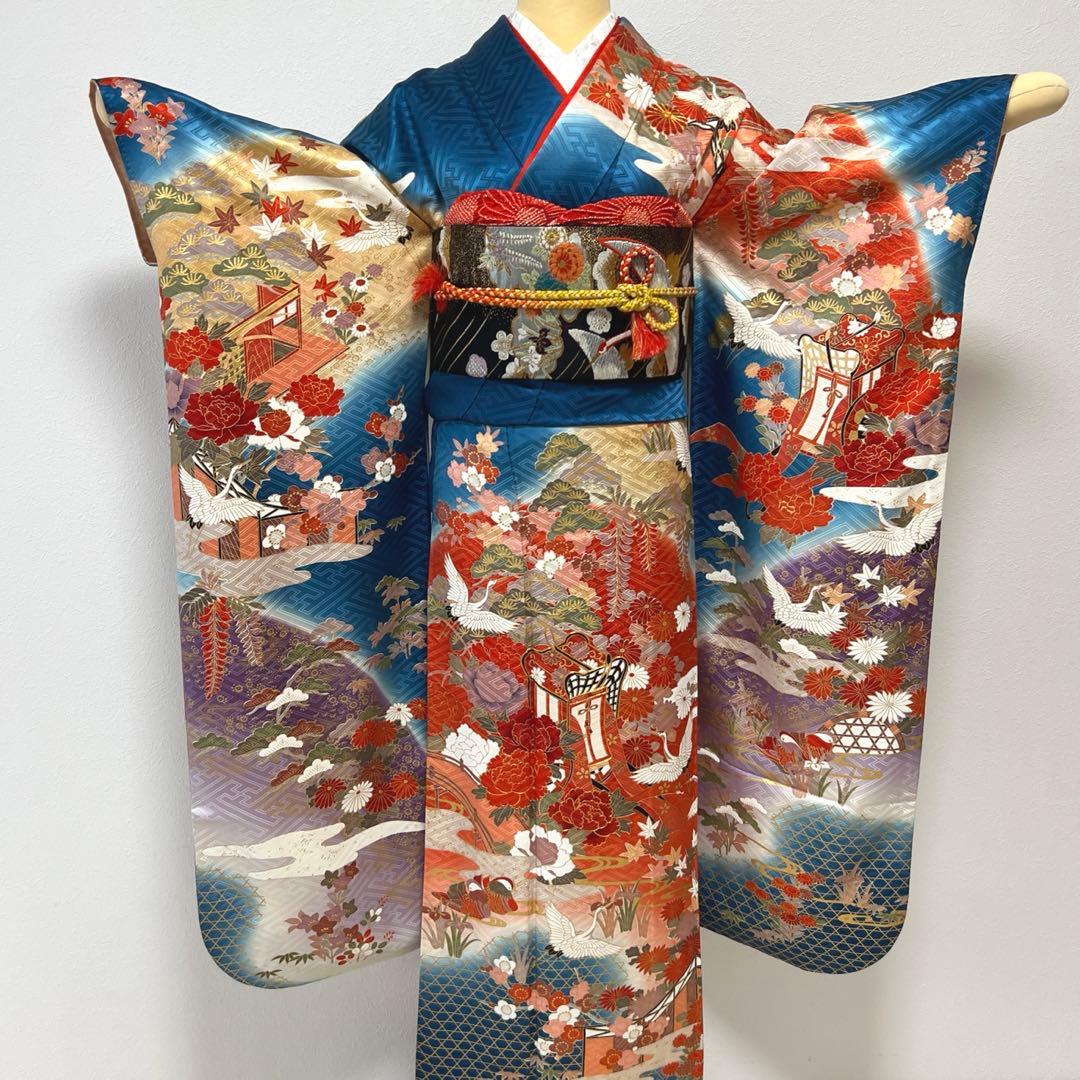 342 振袖フルセット 正絹 オフホワイト 白 橙 赤 金彩 暈し染め 長身さん