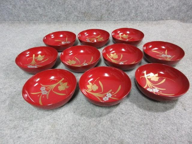 朱塗蒔絵花柄木皿10枚 [B25359]