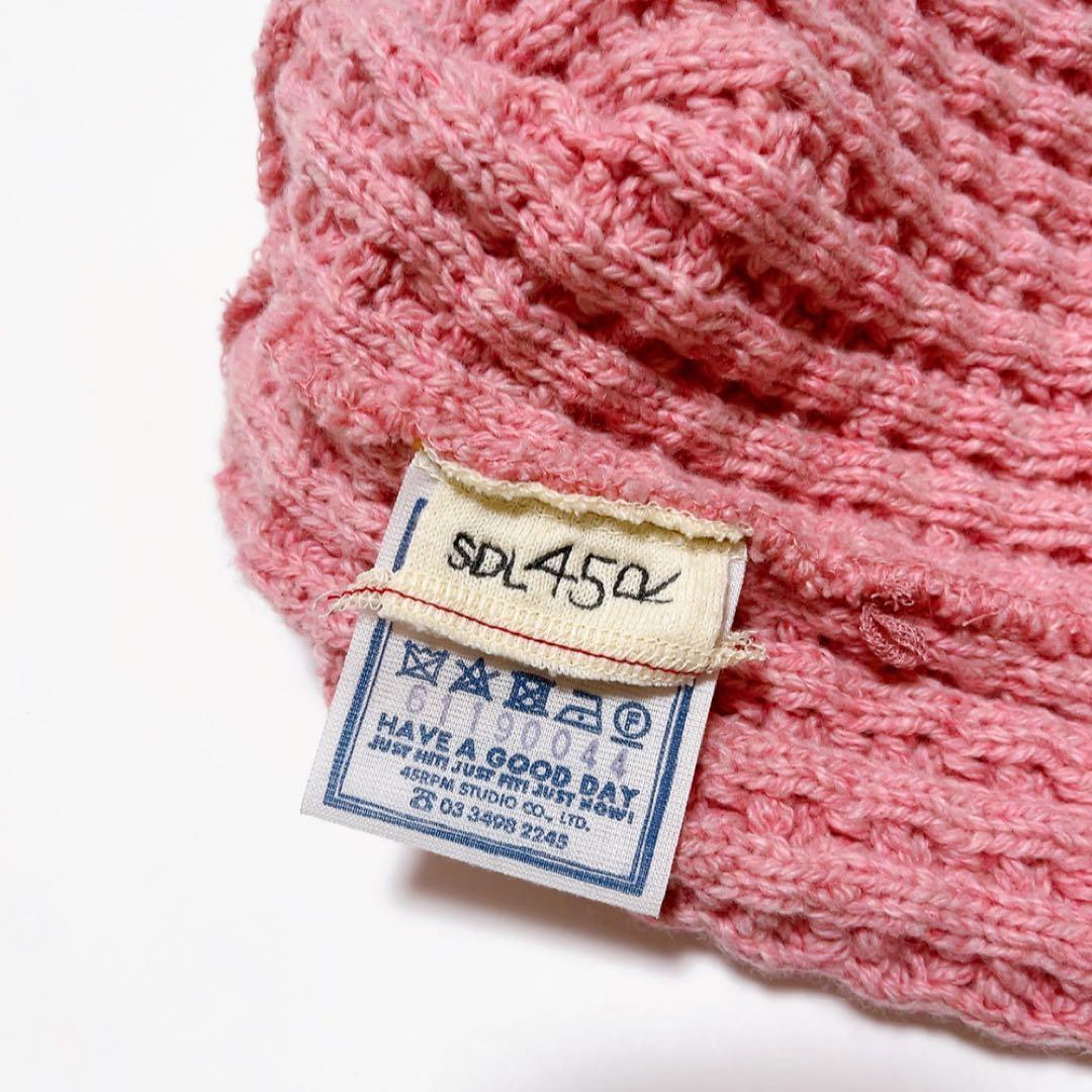 美品45R カシミヤビッグワッフルのニット帽 ピンク フリーサイズ ユニ