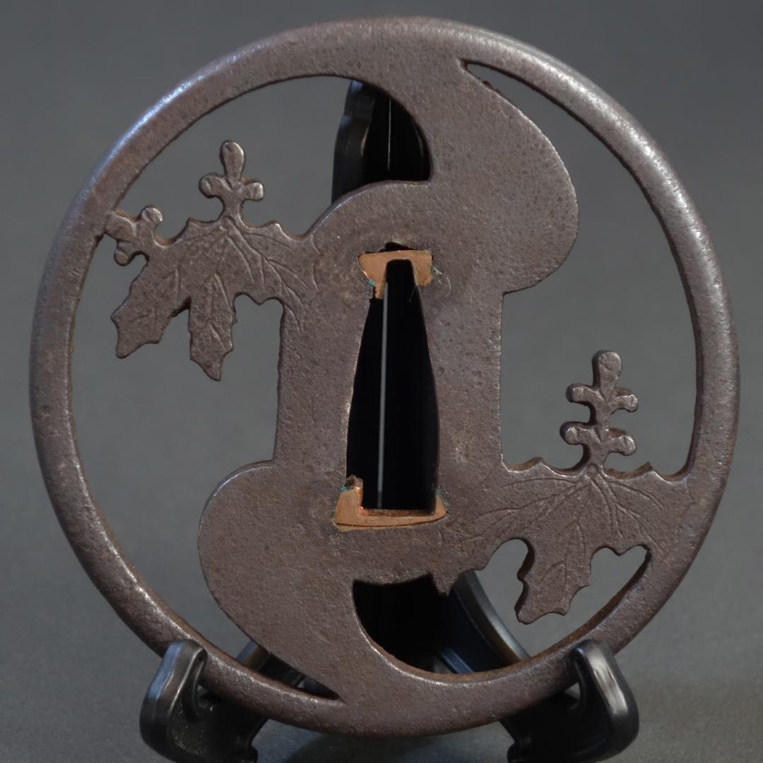 【 桐巴透鐔 無銘 後代肥後 】(鑑定書有) 鍔 鐔 刀装具 武具 骨董 江戸