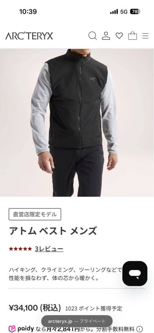 値下げ可能！！ARC'TERYX アトムベスト　黒