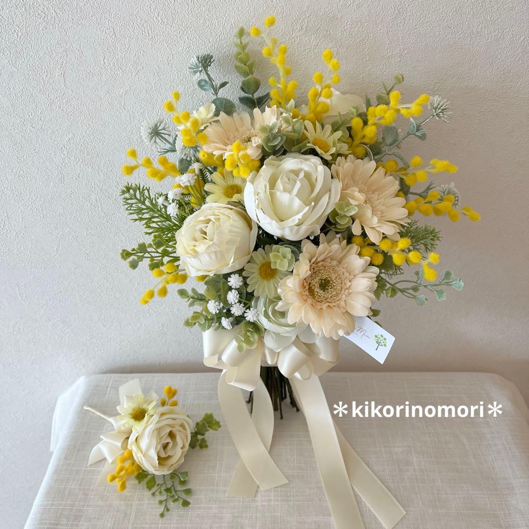ウェディングブーケとブートニアのセット♡ミモザブーケ♡ガーベラブーケ♡前撮り♡