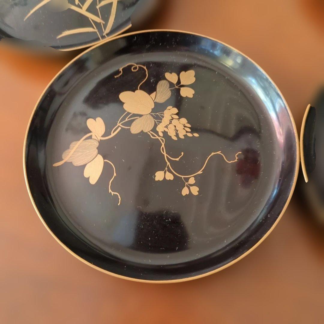 骨董　木皿　蒔絵　図変わり　草花　漆器　金彩　盆　丸盆　5枚