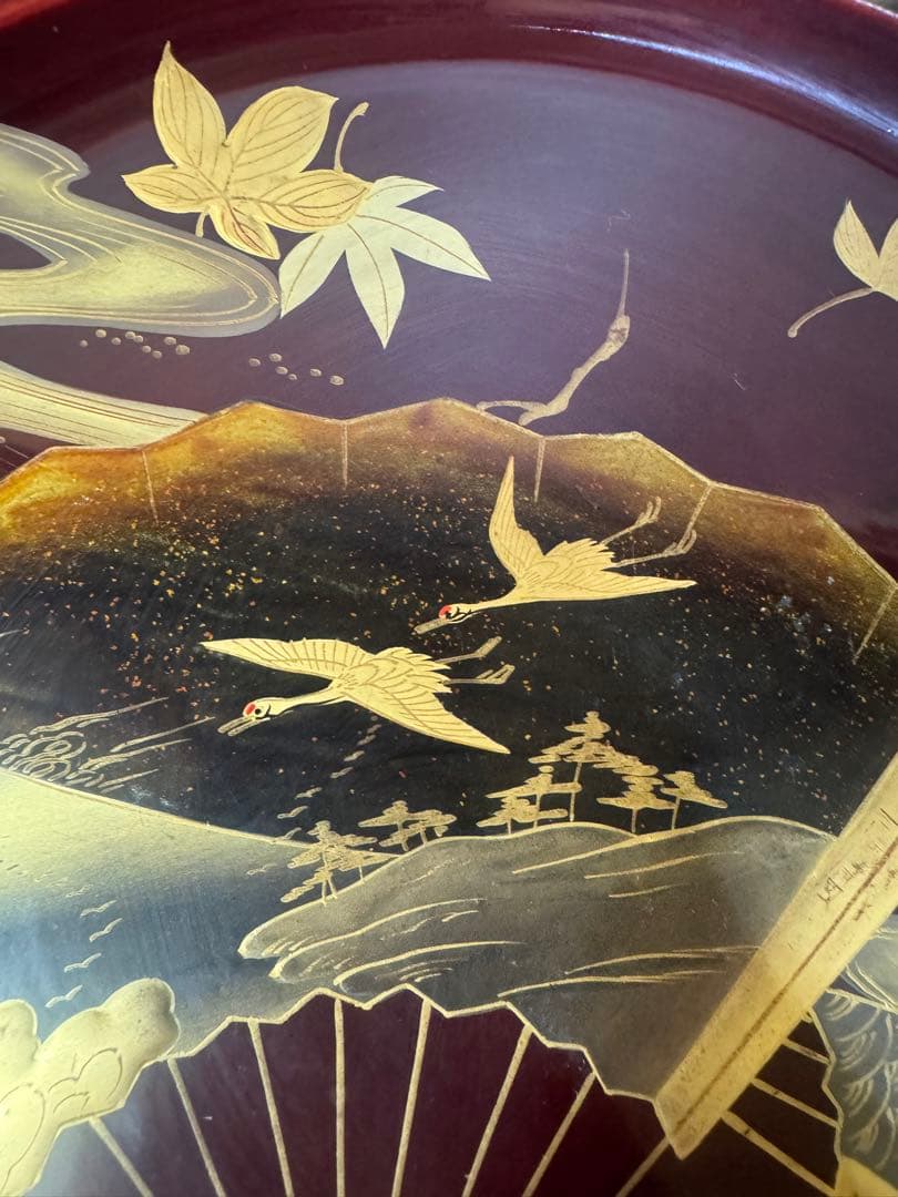 2440 木製金蒔絵　鶴扇果実文　大皿 丸皿 飾皿  37cm  時代物