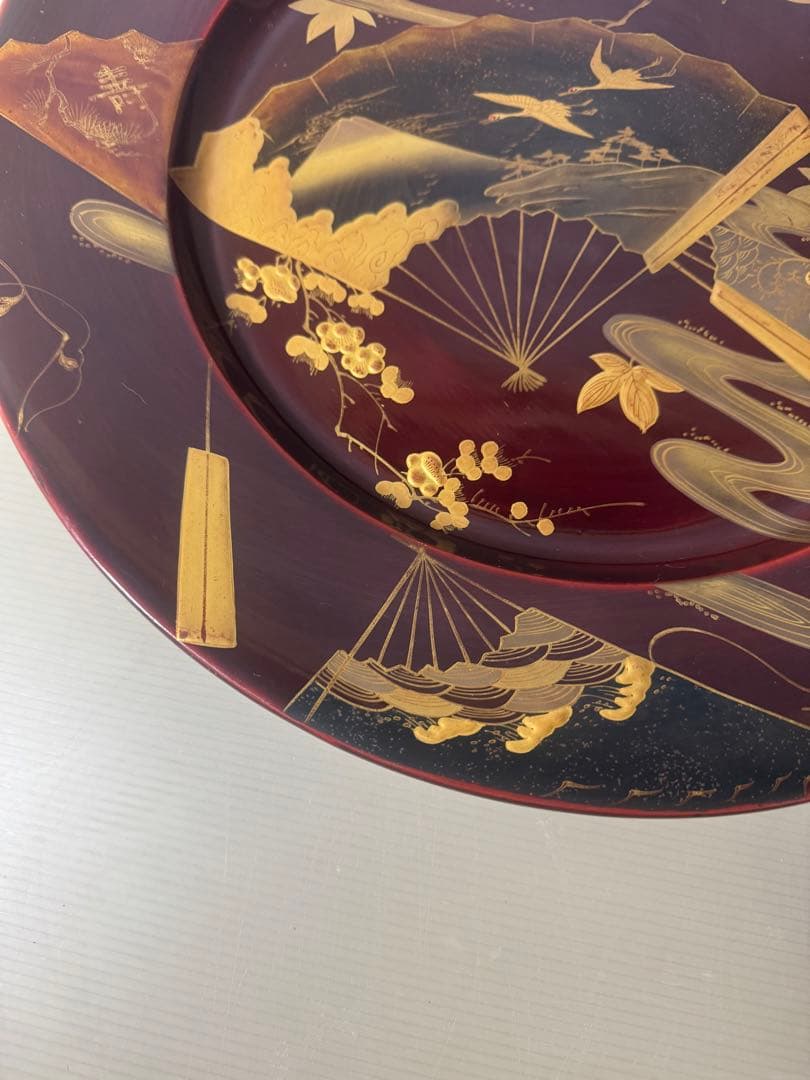 2440 木製金蒔絵　鶴扇果実文　大皿 丸皿 飾皿  37cm  時代物