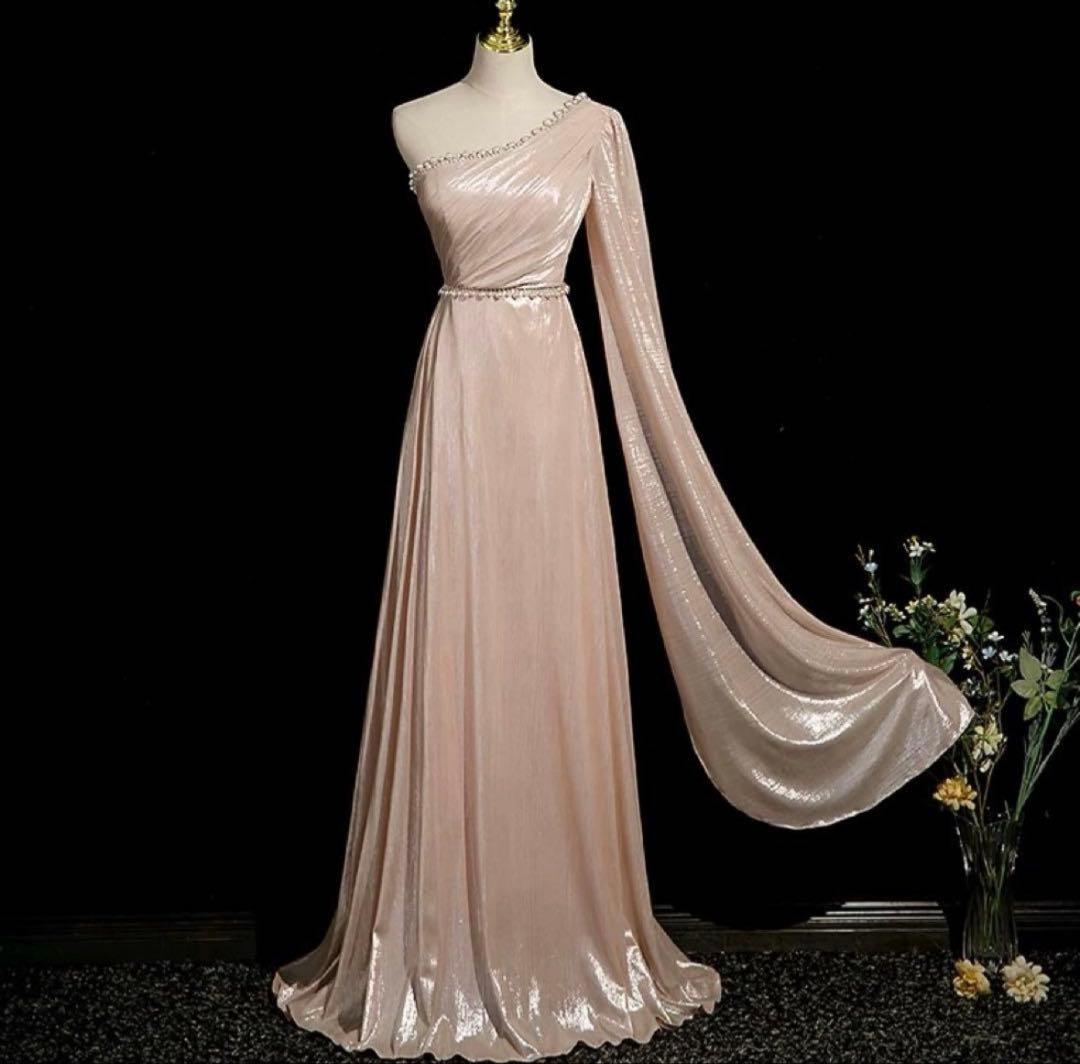 光沢感ある生地にパールが美しい ワンショル イブニングドレス