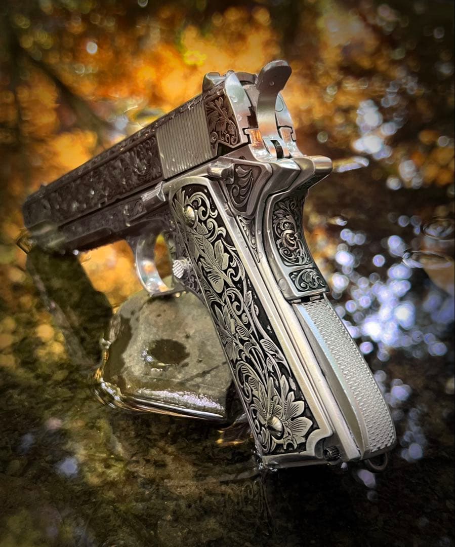 1911タイプ対応 グリップ周辺 装飾パーツ ステンレス製 巻草彫刻 工芸