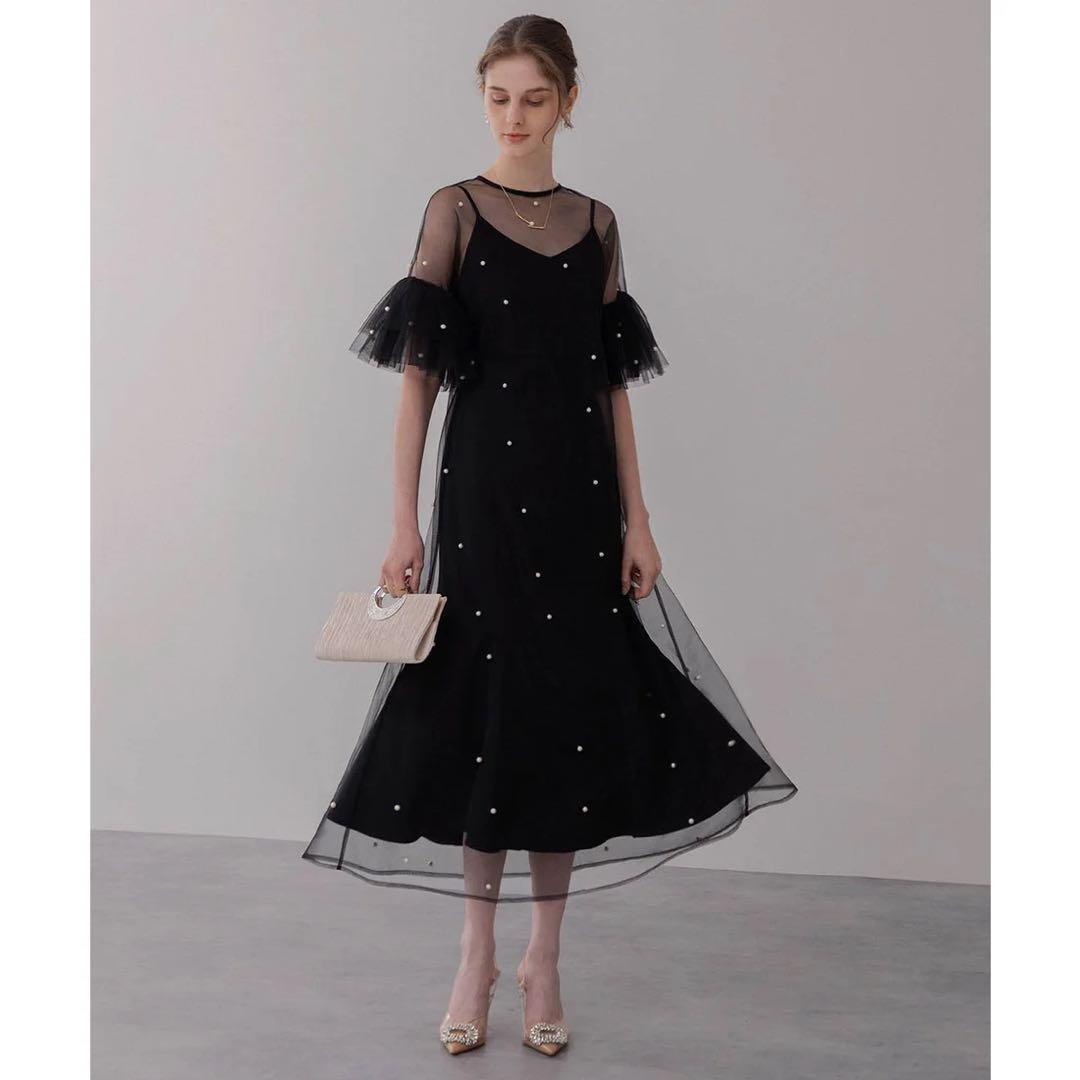 【Leja パールワンピース オケージョンドレス】S レジャ Leja パールビジュー付き透け感プリーツフレアスリーブビーズ