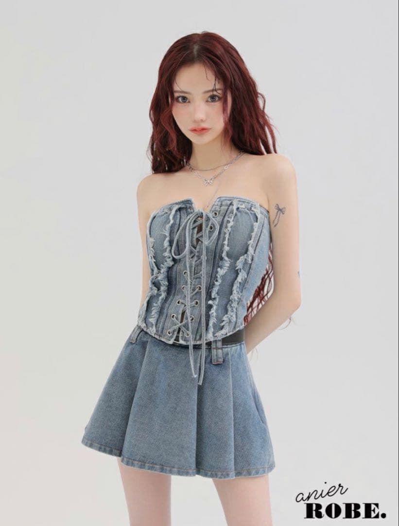 ROBE de FLEURS デニムレースアップベルトセットアップミニドレス