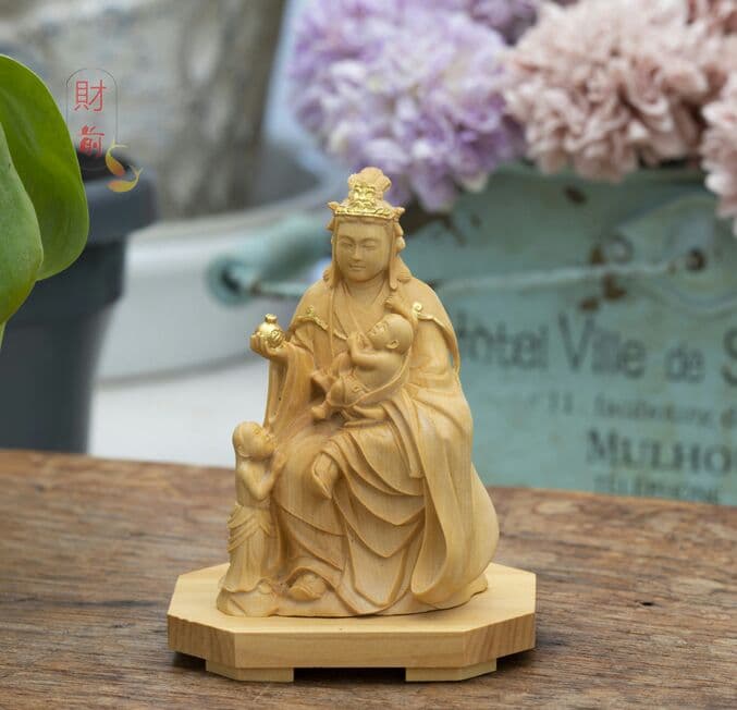 仏像 木彫 鬼子母 安産子育ての守り神 財前彫刻 福運神 原木蒔絵系