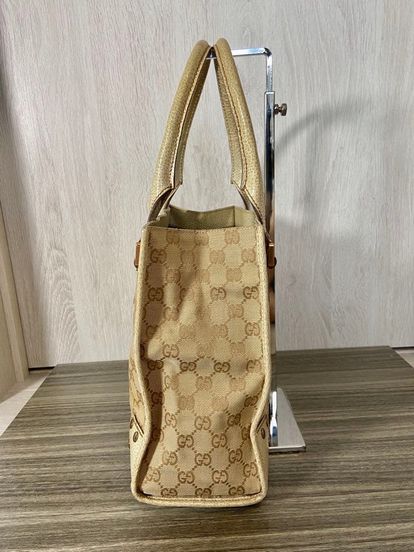 GUCCI ハンドバッグ　GG柄　キャンバス　レザー　ベージュ　スタッズ