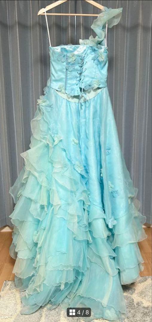 カラードレス 水色 ワンショルダー ストール・パニエ付 ウェディング 結婚式