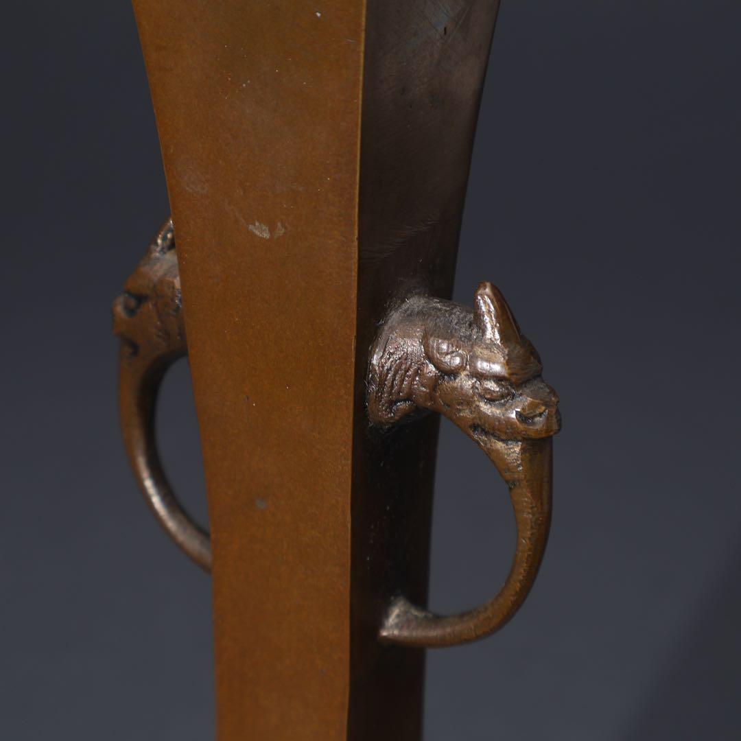 唐銅　四方形耳付き花入　花生け　桐箱　R1517ダN2