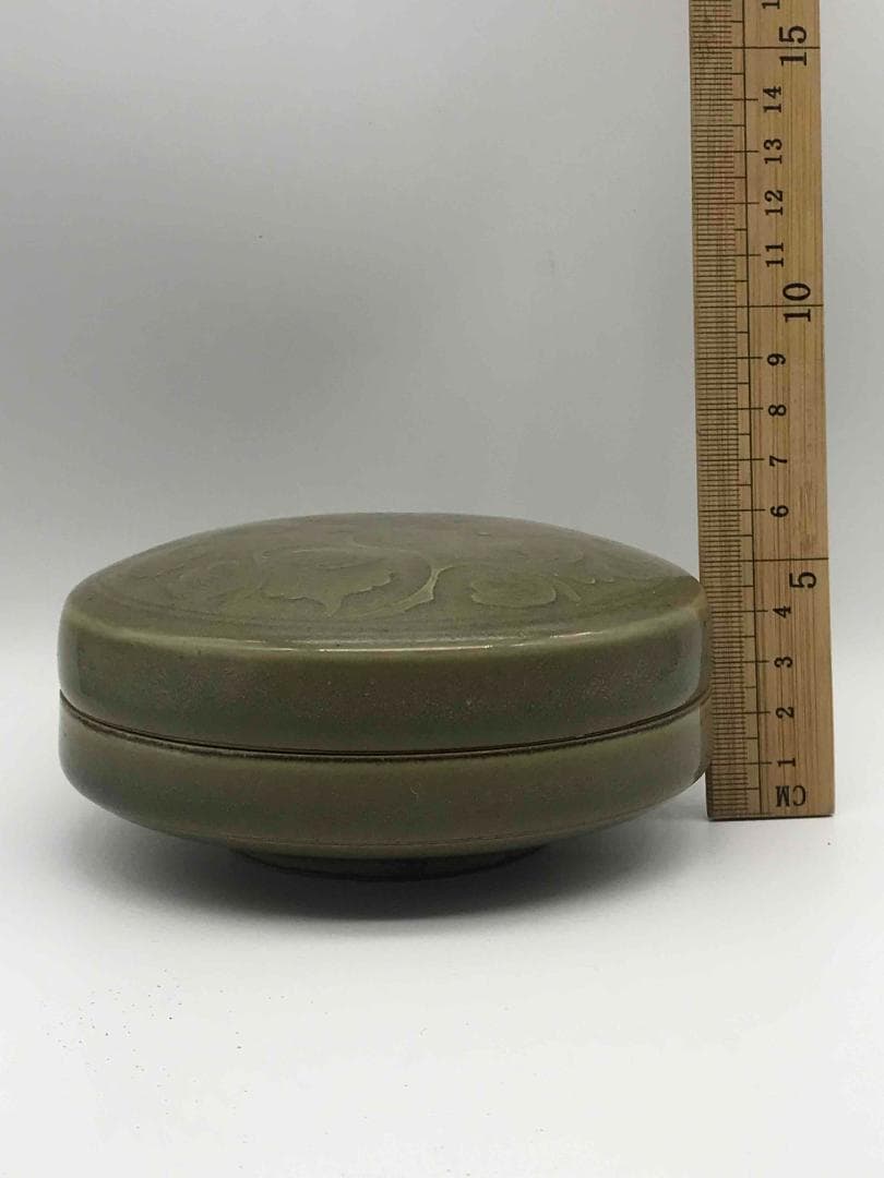 北宋～金時代 青磁貼花唐草紋合子 文房香合 耀州窯 朱泥