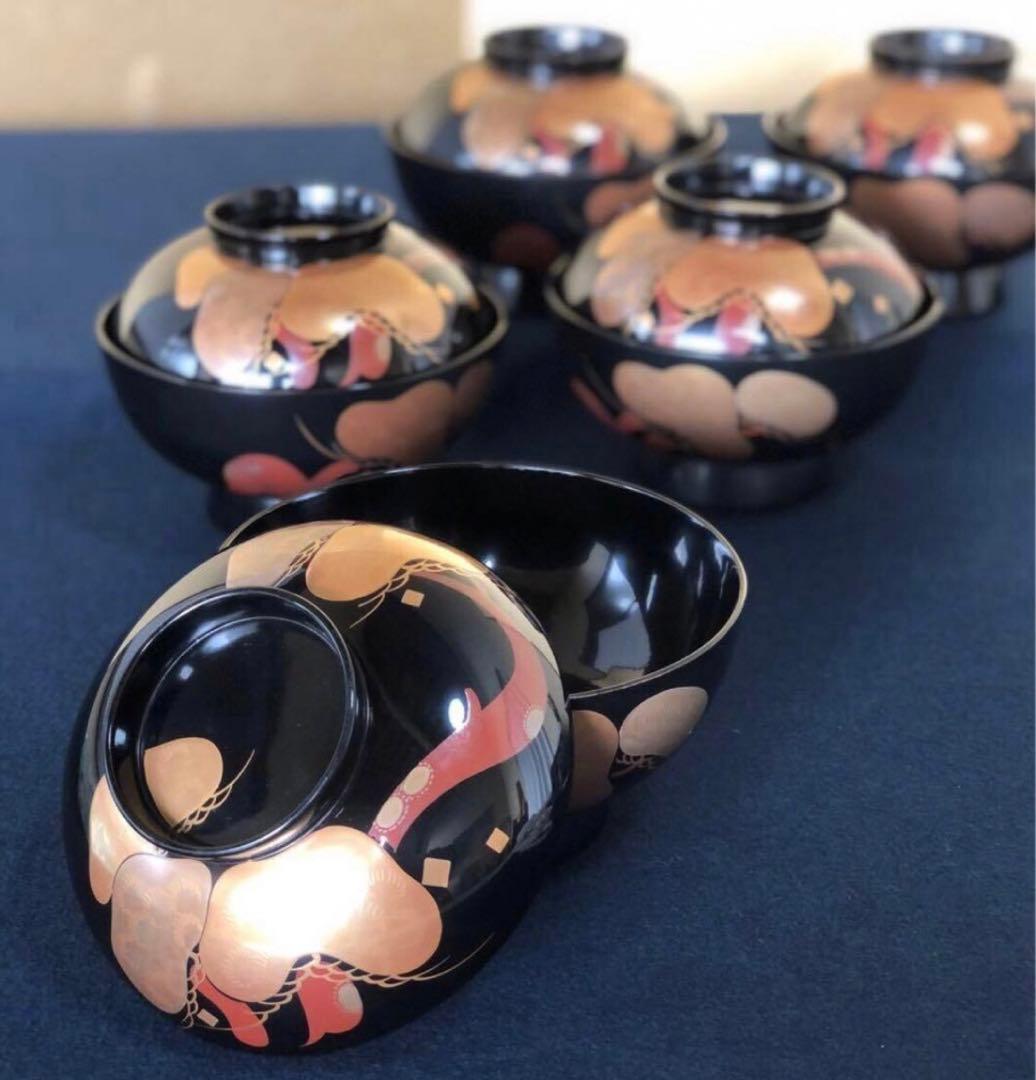 《レ》黒塗 蒔絵付 煮物椀5客 雑煮椀 木製漆器 木箱　251113え1