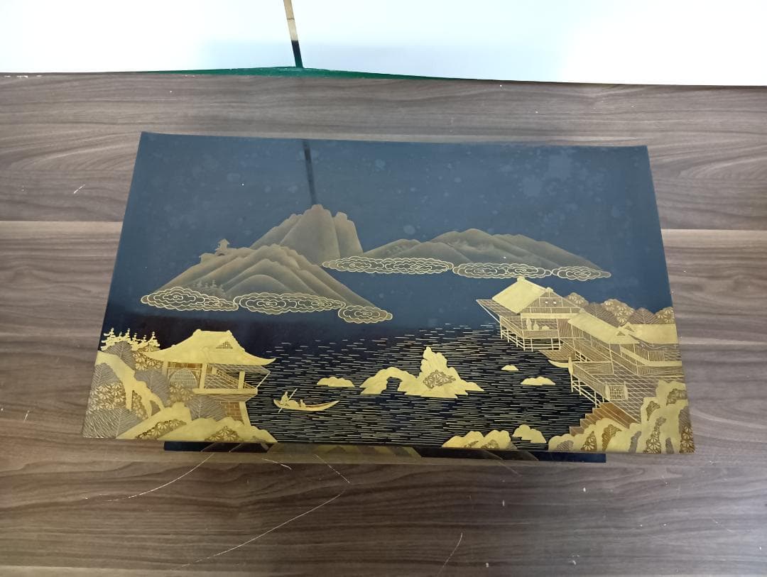 輪島塗 蒔絵師 久世宗春 山水金蒔絵 冠卓 二段卓 花台 黒塗 共箱