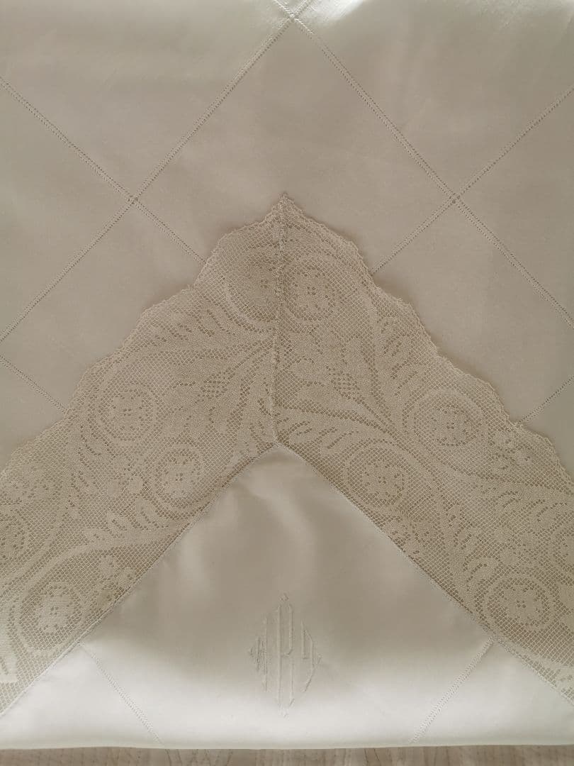 アンティーク 滑らかな細番手リネン フィレレース＆格子ドローンワーク