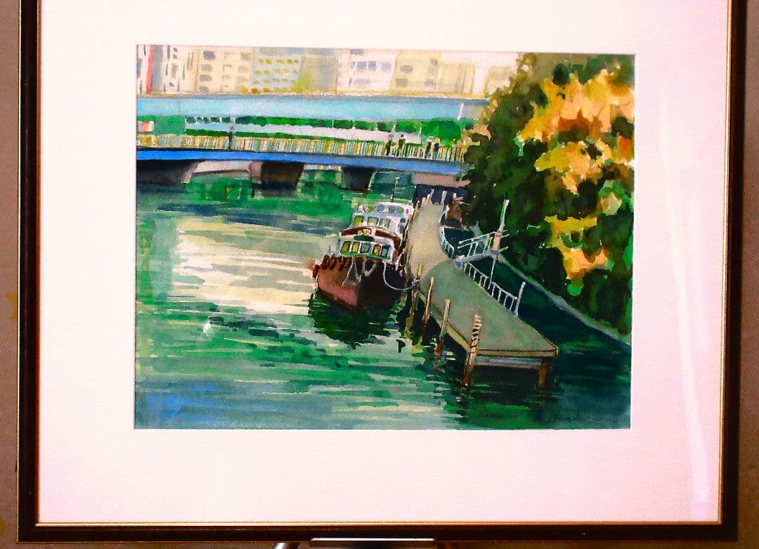 水彩画 船と桟橋の風景額装済み原画