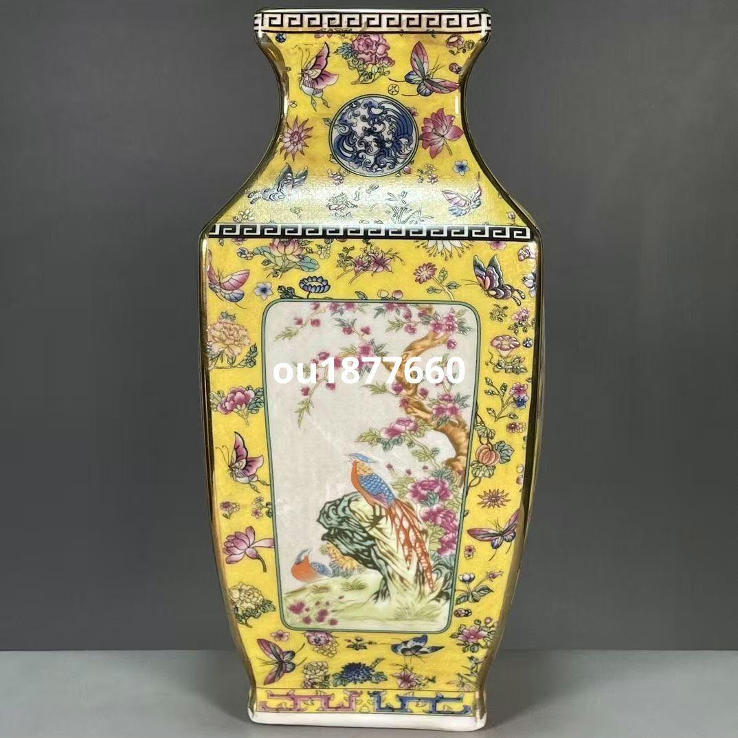 パステル蒔絵花鳥四方花瓶 景徳鎮 陶磁器 装飾品 現代工芸品 美術品 置物