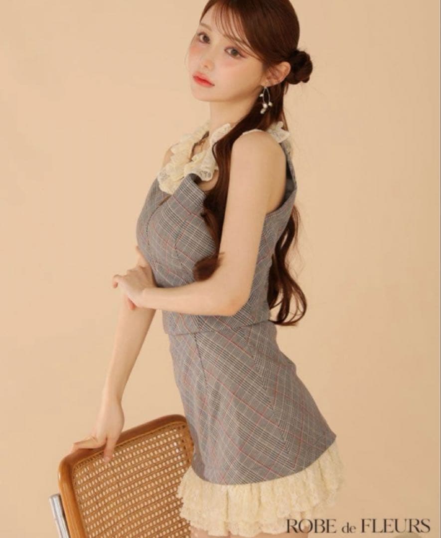 レースチェックバストジップセットアップミニキャバドレス