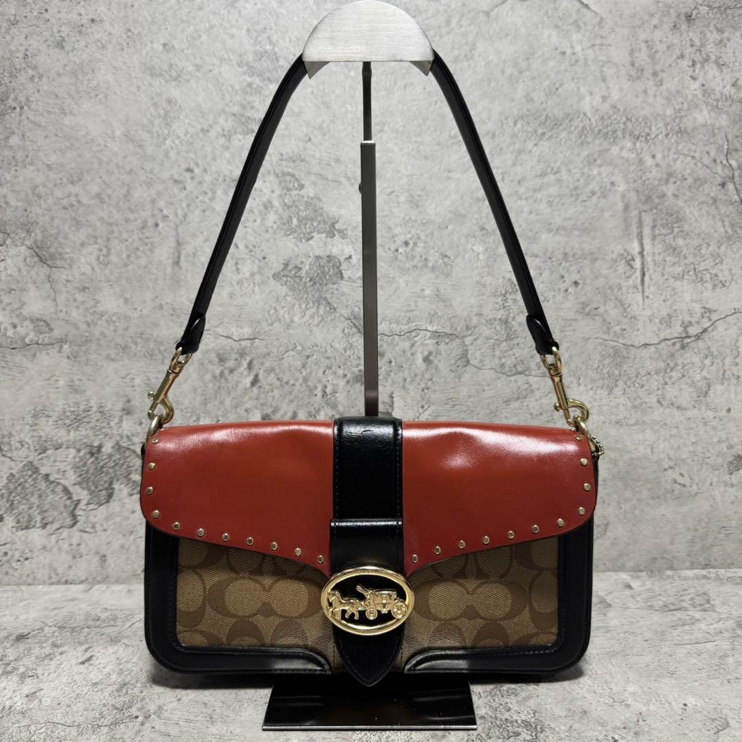 美品✨️コーチ ワンショルダーバッグ ジョージー レザー スタッズ 茶 5605