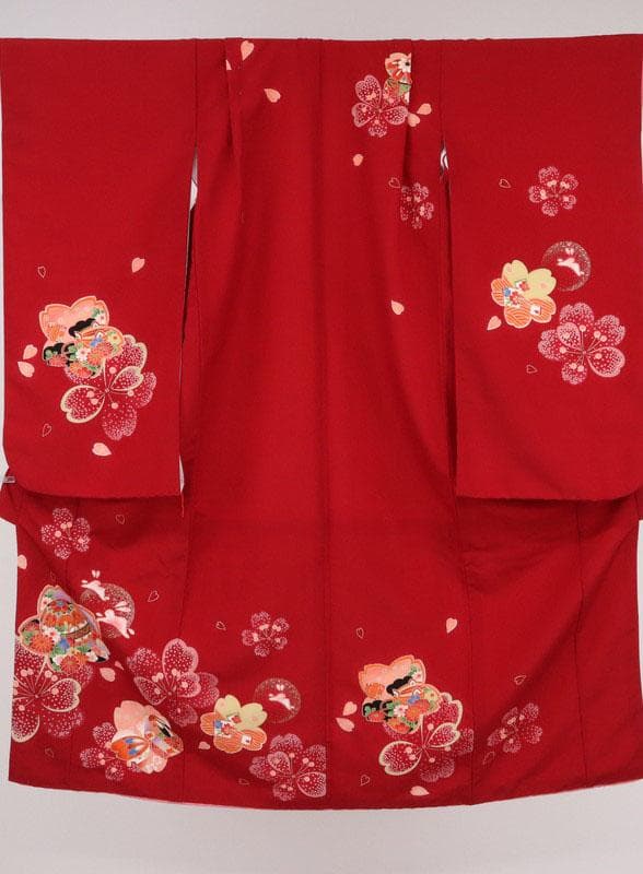 Oreo　七五三 七歳 着物 女児 花と毬 月兎模様 赤 化繊 11RR5